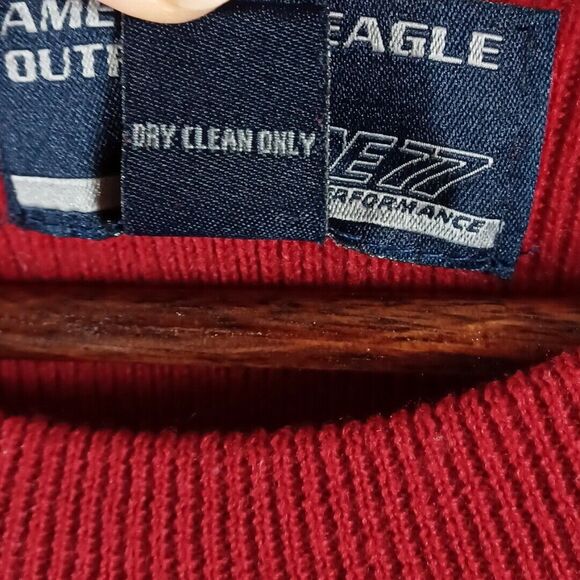Vtg Wool American Eagle L Men's AE77 Performance Sweater Red Blue Sleeve Stripe - Picture 10 of 10